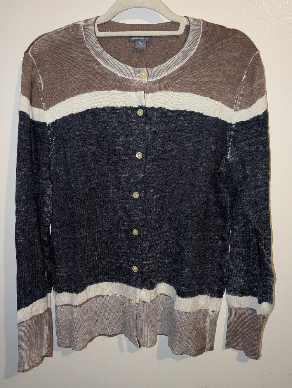 Eddie Bauer Women's Colorblock Button Cardigan in Brown, Black, Cream Size L